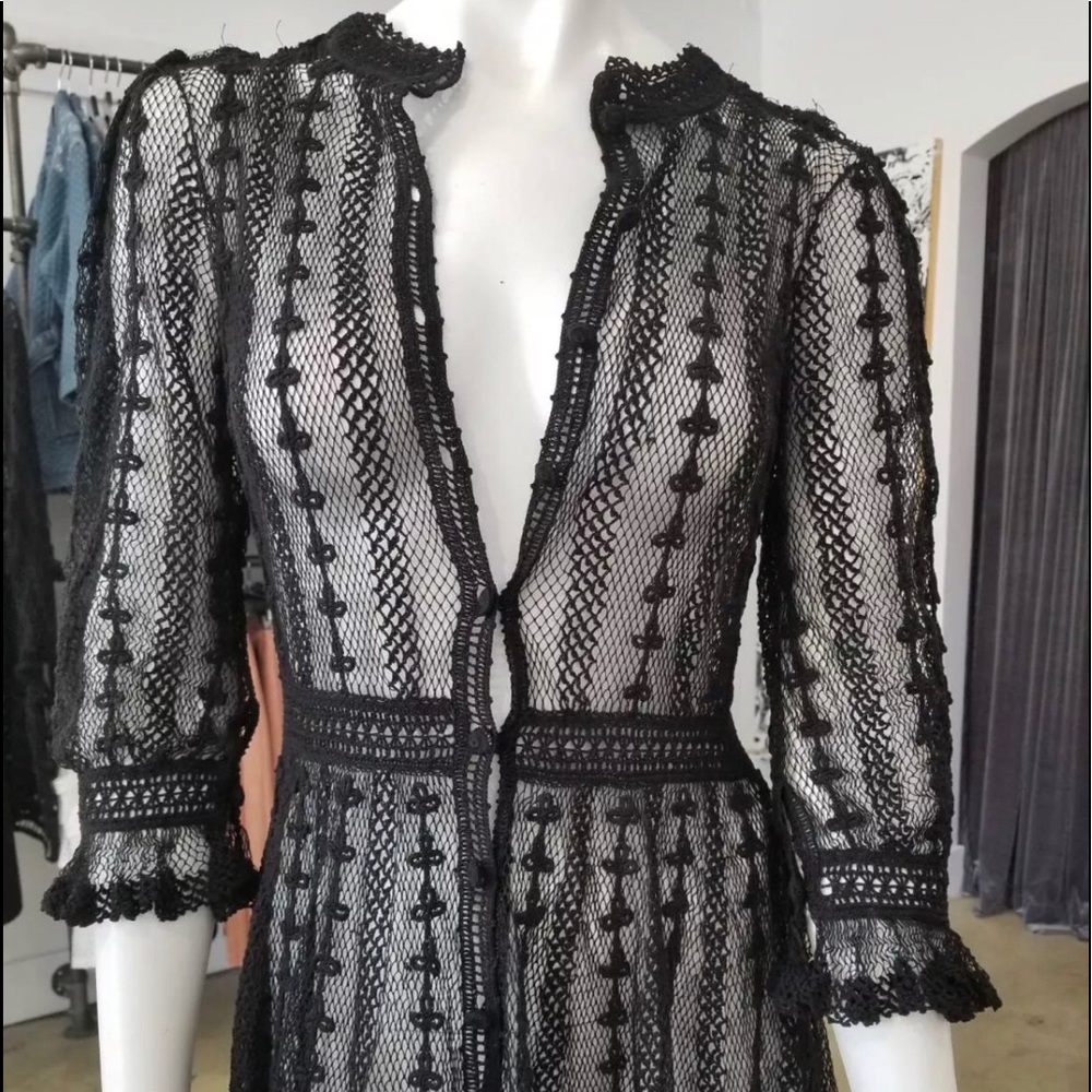 SOLD Vtg Black Crochet Plunging Button Dress S/M - Picture 3 of 3